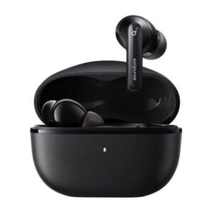 Soundcore wireless earbuds in open charging case, black glossy finish with LED indicator
