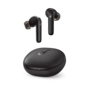 Pair of black true wireless earbuds with a matching black charging case beneath them.