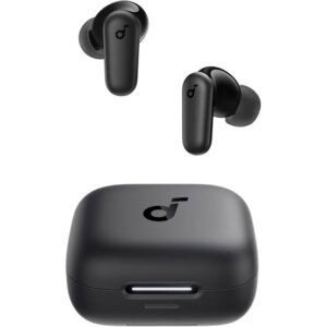 Black true wireless earbuds with charging case, viewed from above to show the kit.