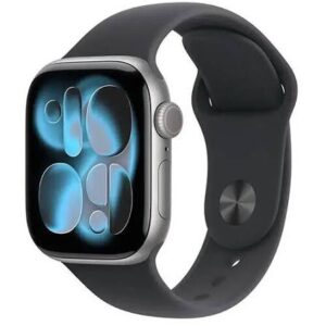 Silver Apple Watch with a dark band, showing a blue abstract watch face on the screen.