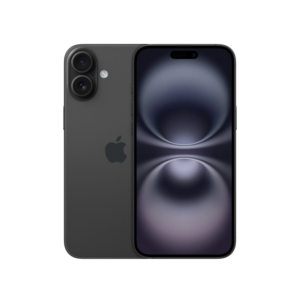 Front-and-back view of a space gray iPhone with dual rear cameras and edge-to-edge display, shown with wallpaper on the screen.