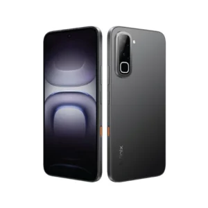 Front and back views of a sleek dark smartphone: the left shows a large edge-to-edge display with a punch-hole camera, the right shows the slim back with a rectangular camera module and orange side buttons.