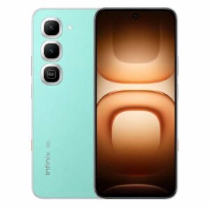 Front and back view of a teal Infinix smartphone with a vertical triple-camera rear module and large display on the front image.