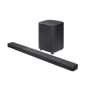 Black soundbar with an accompanying wireless subwoofer, part of a home theater speaker system.