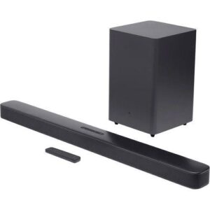 Black 2.1-channel speaker system: a long, slim soundbar, a tall wireless subwoofer, and a small remote control.