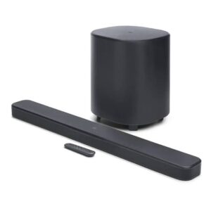 Soundbar speaker with a wireless subwoofer and remote control on a white background.