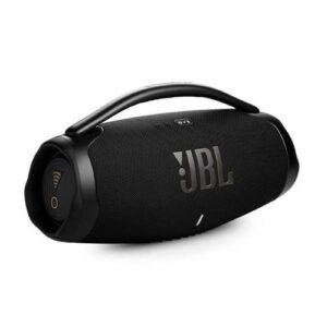 Black JBL portable Bluetooth speaker with a built‑in handle and fabric grille for wireless music playback.