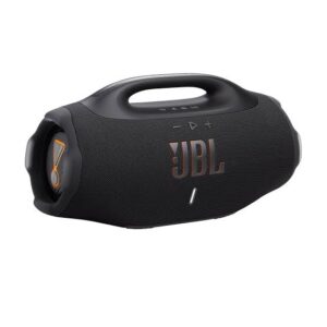 Black JBL portable Bluetooth speaker with a built-in handle, front grille, and an orange-accented side control wheel.