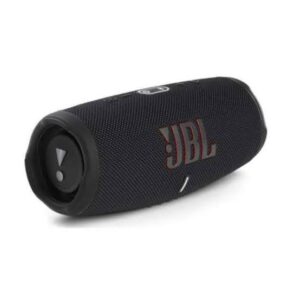 Black JBL portable Bluetooth speaker lying on its side, with fabric mesh and control buttons on top on a white background.