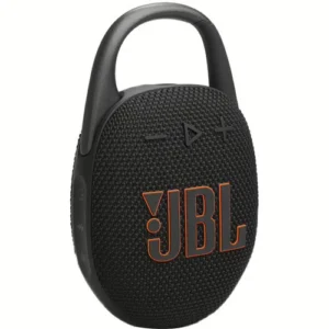 Black JBL portable Bluetooth speaker with a built‑in handle and orange logo on a textured fabric grille.