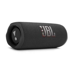 Black JBL portable Bluetooth speaker lying on its side with a textured fabric cover and visible logo