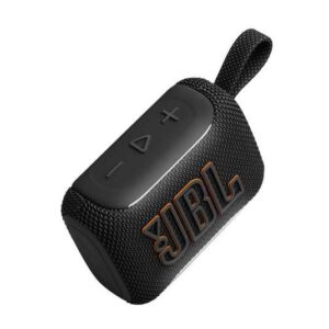 Compact black JBL wireless speaker with textured fabric and a loop strap; top panel shows plus and minus volume controls.