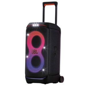 JBL portable Bluetooth speaker with rainbow LED rings, on wheels with a pull-out handle.
