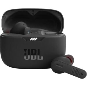 JBL wireless earbuds with an open charging case; one earbud outside, matte black with a red tip accent.