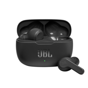 Black JBL true wireless earbuds in an open charging case with a green indicator light.