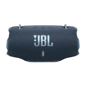 Blue JBL portable Bluetooth speaker with rugged fabric cover and top-mounted controls.