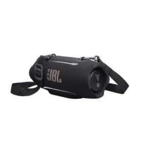 Black JBL portable Bluetooth speaker with a carrying strap, shown in a side view.