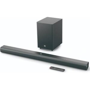 Black home theater soundbar with a tall subwoofer and a small remote control on a white surface.