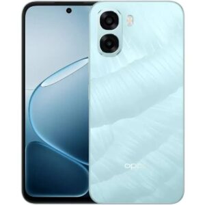 Front and back view of a light blue Oppo smartphone; front shows edge-to-edge display, back features a dual-camera module.