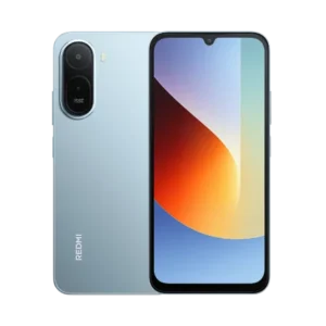 Front and back views of a light blue Redmi smartphone, featuring a notch display on the front and a vertical dual-camera module on the back.