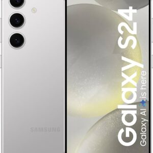Samsung Galaxy S24 smartphone in silver, showing the triple-camera rear and large edge-to-edge front display with vertical branding on the screen.