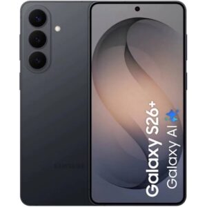 Samsung Galaxy S26+ smartphone in dark gray, with a triple-camera module on the back and a large nearly edge-to-edge display.