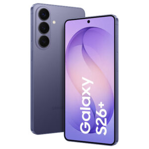 Purple Samsung Galaxy S26+ smartphone shown from back and front, highlighting the triple rear cameras and large screen.