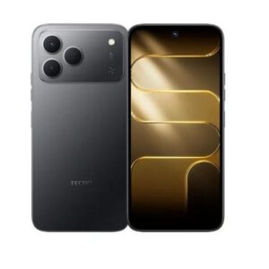 Back and front view of a dark gray smartphone: rear shows triple-camera module; front displays a tall screen with gold abstract wallpaper.