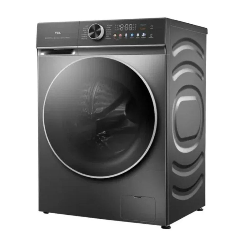 Front-loading washing machine in metallic gray with a large circular door and a digital control panel on top left.